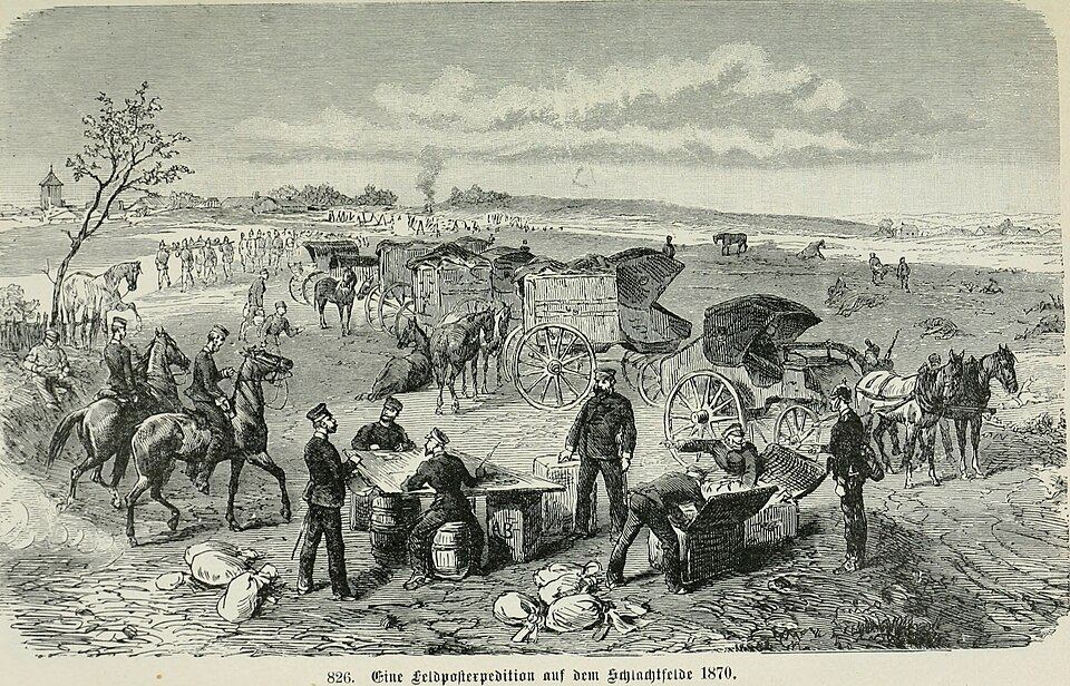 Holzstich: Feldpostwagen und Soldaten auf einem Schlachtfeld 1870